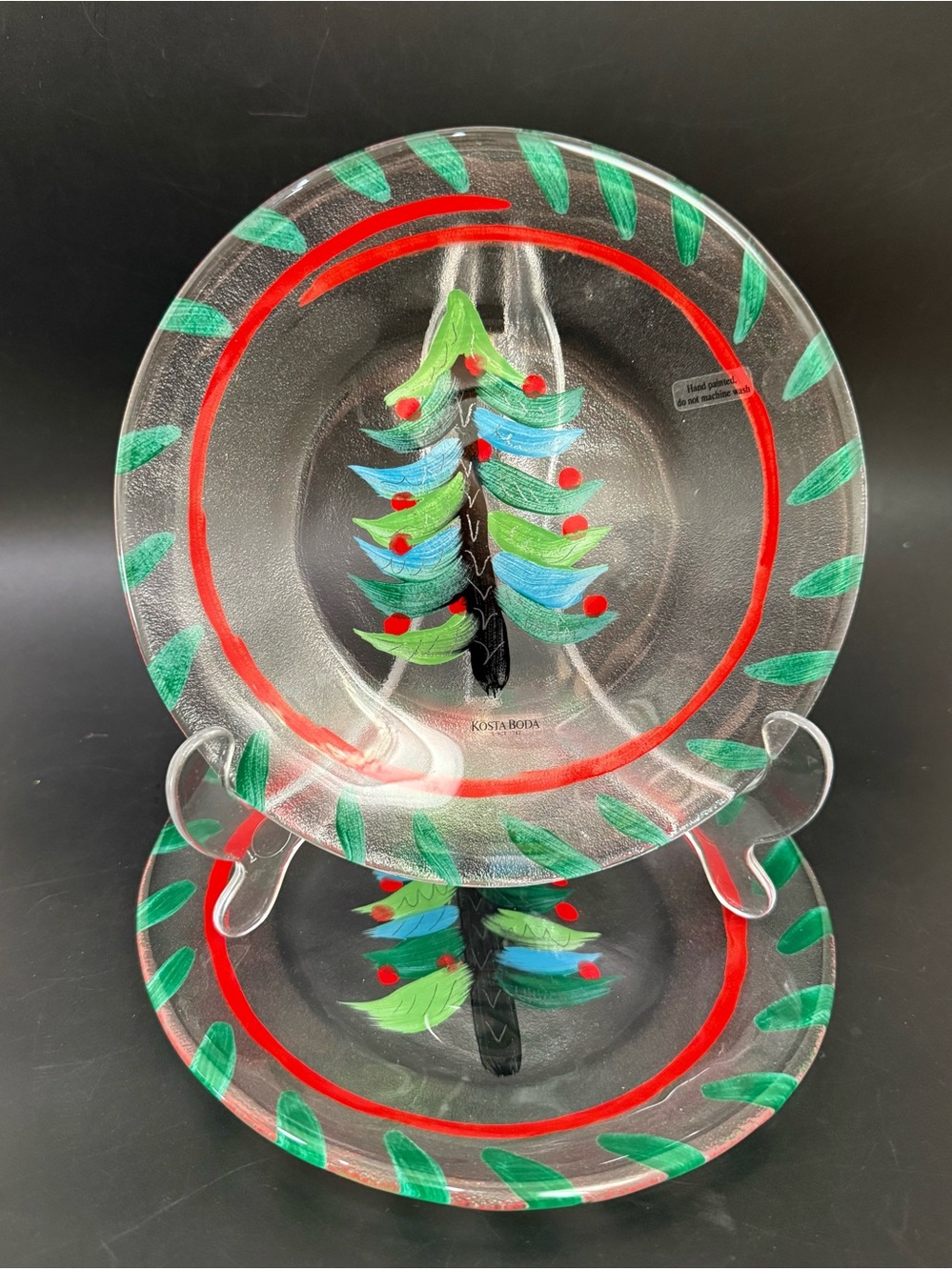 Lot 2 KOSTA BODA Ulrica Hydman-Vallien Hand-Painted Christmas Tree Glass Plate
